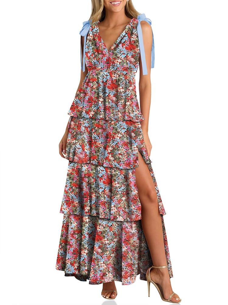 Wenrine Womens Summer Floral Maxi Dress Tie Strap Sleeveless V Neck High Slit Boho Ruffle Tiered ... | Amazon (US)