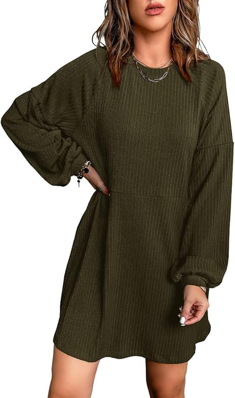 Ladybranch Womens Sweater Dress Casual Crew Neck Long Sleeve Knitted Pullover Dress with Pockets | Amazon (CA)