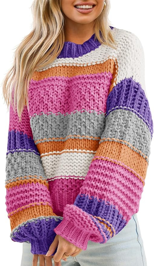 Saodimallsu Womens Color Block Sweater Striped Chunky Knit Cropped Sweaters Crewneck Fall Long Sl... | Amazon (US)