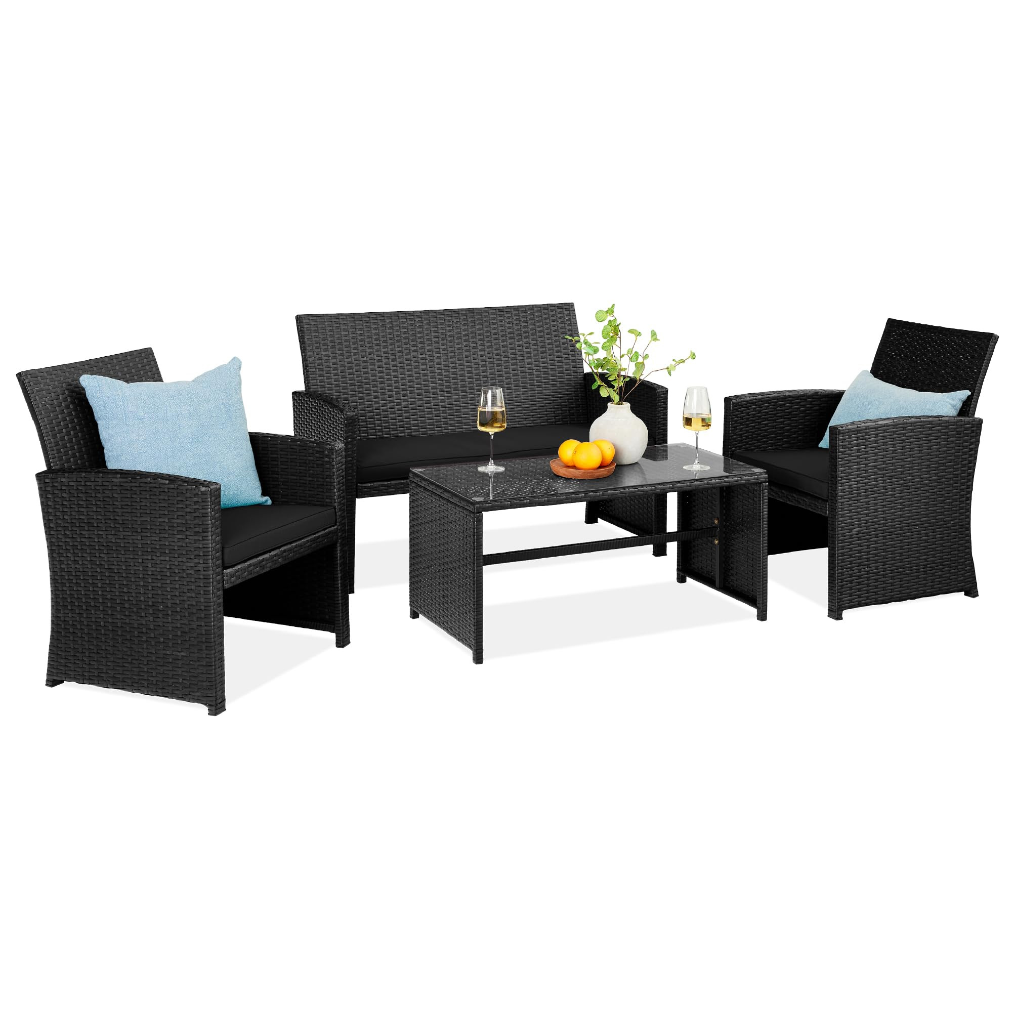 Amazon.com: Best Choice Products 4-Piece Outdoor Wicker Patio Conversation Furniture Set for Backyard w/Coffee Table, Seat Cushions - Black/Black : Patio, Lawn & Garden | Amazon (US)