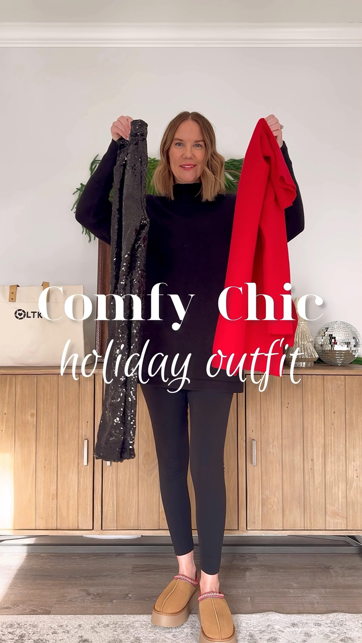 ✨Comfy chic holiday outfit ✨ with sequin leggings that are lined so they aren’t scratchy 👏🏼👏🏼 Just add your favorite holiday sweater. For reference, I’m 5’7” and about 135lbs and I’m wearing a medium in the sweater and leggings, but could have sized down in the leggings.
#holidaypartyoutfit #christmaspartyoutfit #redsweater #amazonholiday #holidaysweater 

Amazon holiday outfit, party outfit, what to wear, holiday style, festive style, sequin pants, red tunic sweater, silver ballet flats, comfy chic, over 40 style

#LTKHoliday #LTKParties #LTKOver40