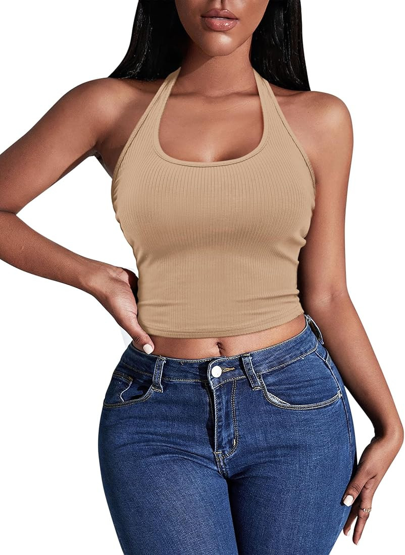 Ekouaer Women Halter Top Sleeveless Backless Scroop Neck Slim Stretchy Ribbed Knit Crop Tops S-XX... | Amazon (US)