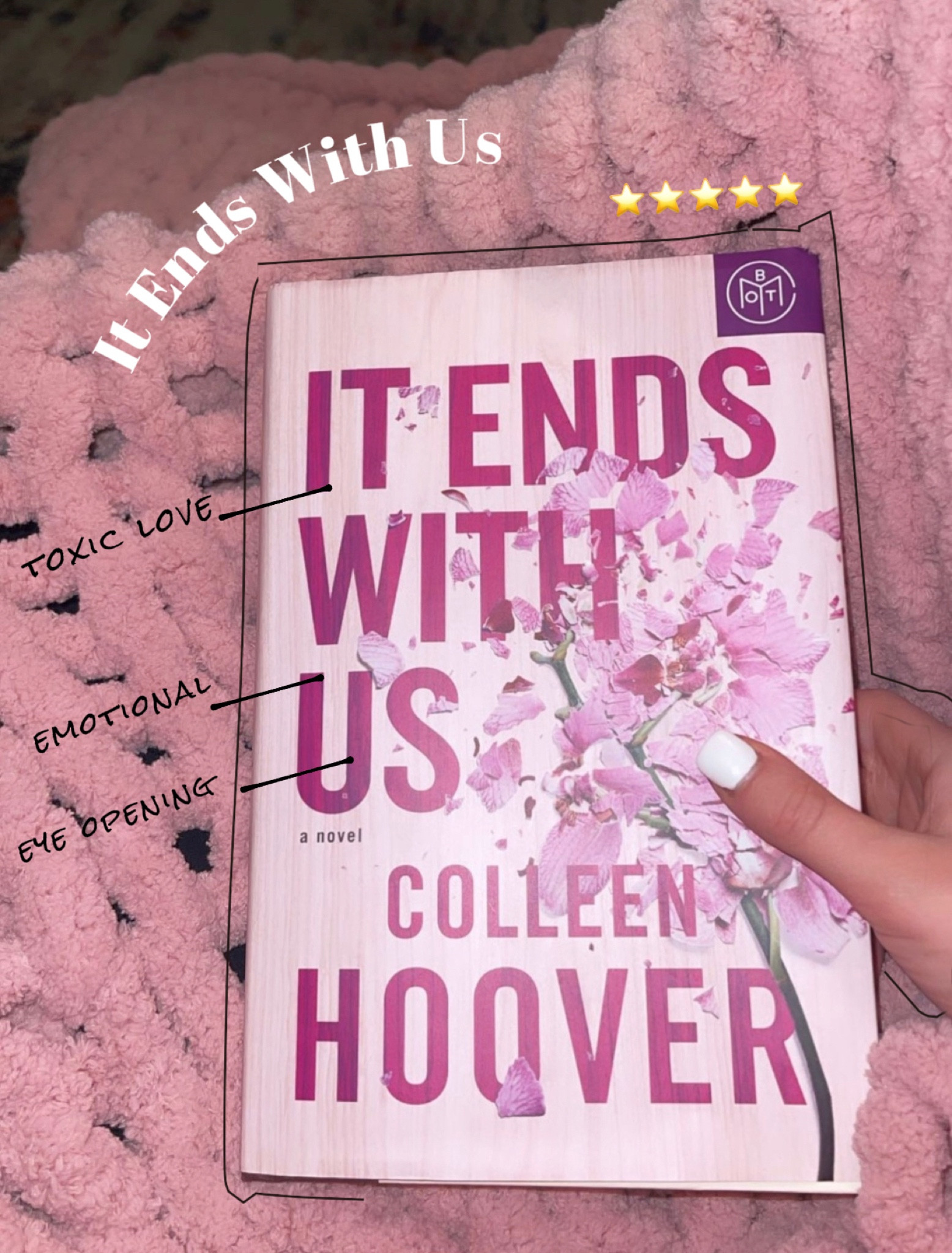 📚 It Ends With Us  ⭐️⭐️⭐️⭐️⭐️ 
✏️ Colleen Hoover
🔍 this was a heavy, emotional, raw, and gut wrenching at times. it was truly one of the best books i have read. the author unpacks the emotions, hardship, and realities tied to toxic relationships. if you pick this book up, you won't be able to put it down. 