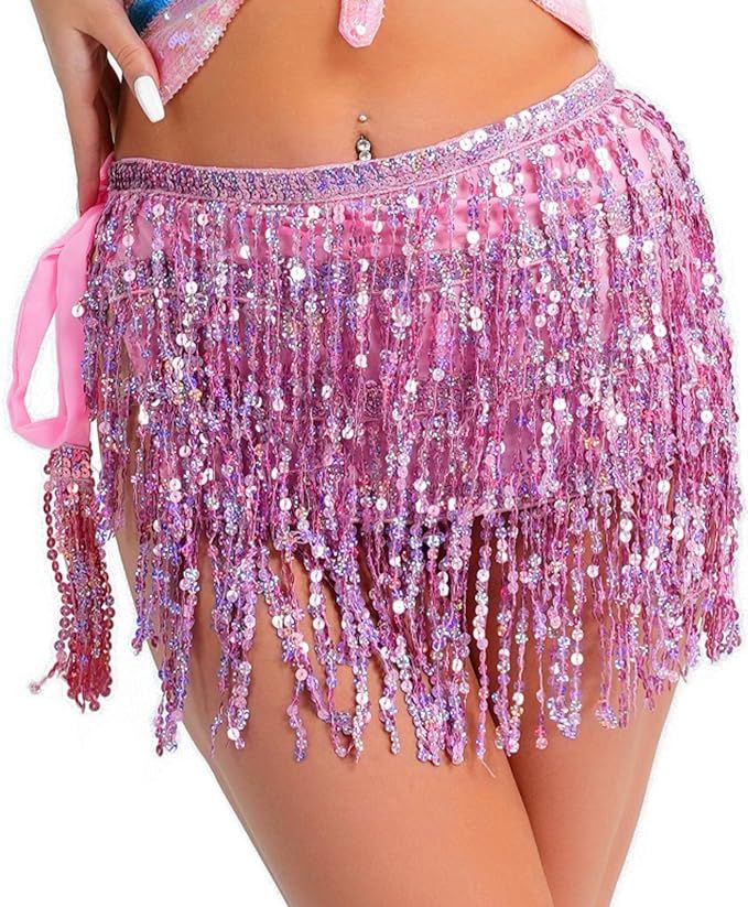 Sequin Skirt Sparkle Skirt Belly Dance Hip Scarf Mardi Gras Outfits for Women Space Cowgirl Costu... | Amazon (US)
