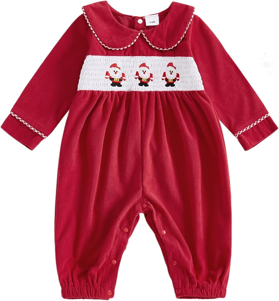 Newborn Baby Boy Girl Christmas Outfit Santa Smocked Romper Peter Pan Collar Long Sleeve Corduroy... | Amazon (US)