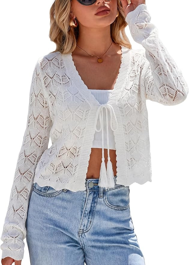 Arach&Cloz Women's Linen Tie Front Crochet Spring Shrug Beach Vacation Cropped Cardigan | Amazon (US)