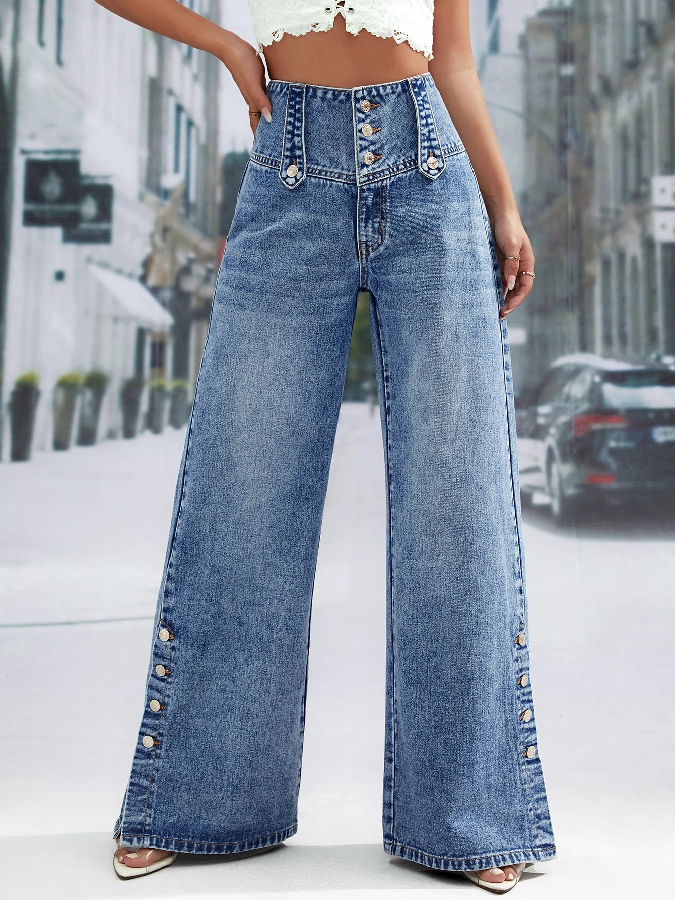 SHEIN Essnce Button Fly Wide Leg Jeans | SHEIN