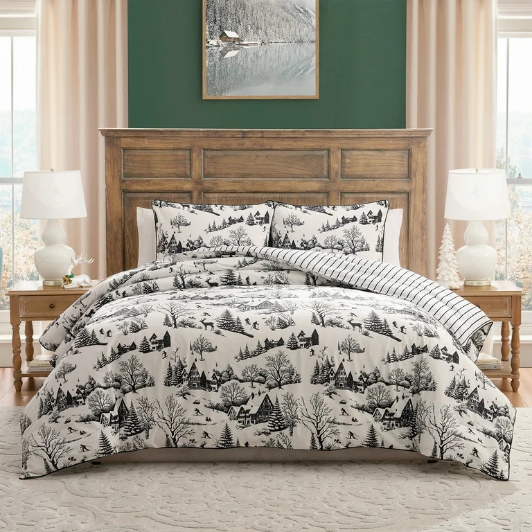 My Texas House Aurora 3-Piece Black Toile Velvet Adult Comforter Set, Full/Queen | Walmart (US)