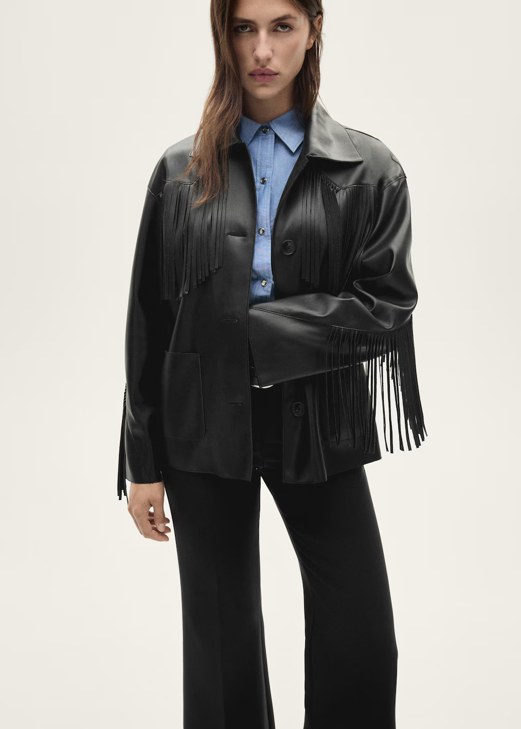 Leather-effect fringed overshirt - Women | MANGO USA | Mango (US/MX/AU)