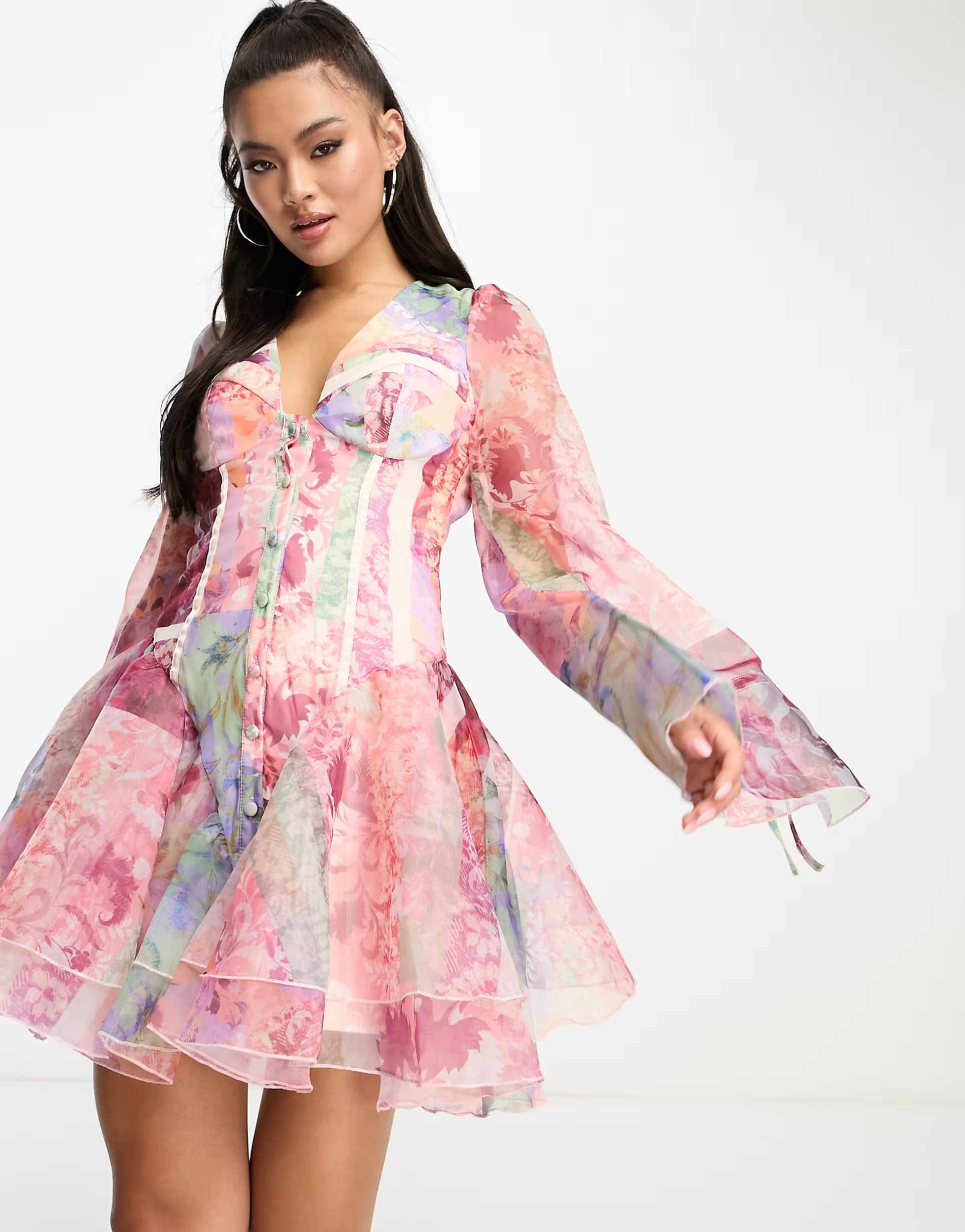ASOS LUXE cupped organza mini dress in floral scarf print | ASOS (Global)
