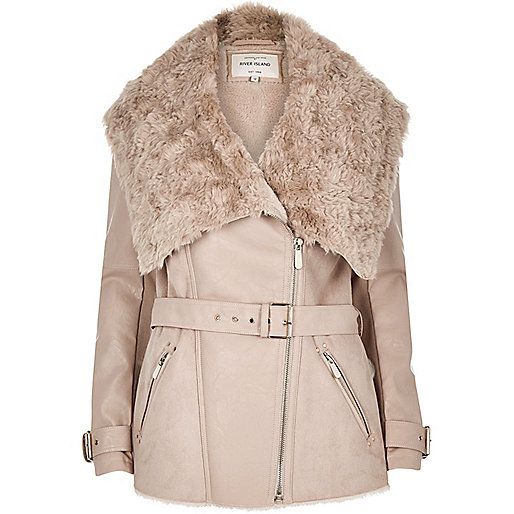 Taupe belted faux-fur coat | River Island (UK & IE)