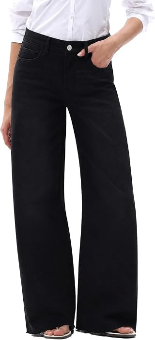 ONESO Women's Wide Leg Jeans Mid Rise High Stretch Denim Pants Raw Hem | Amazon (US)