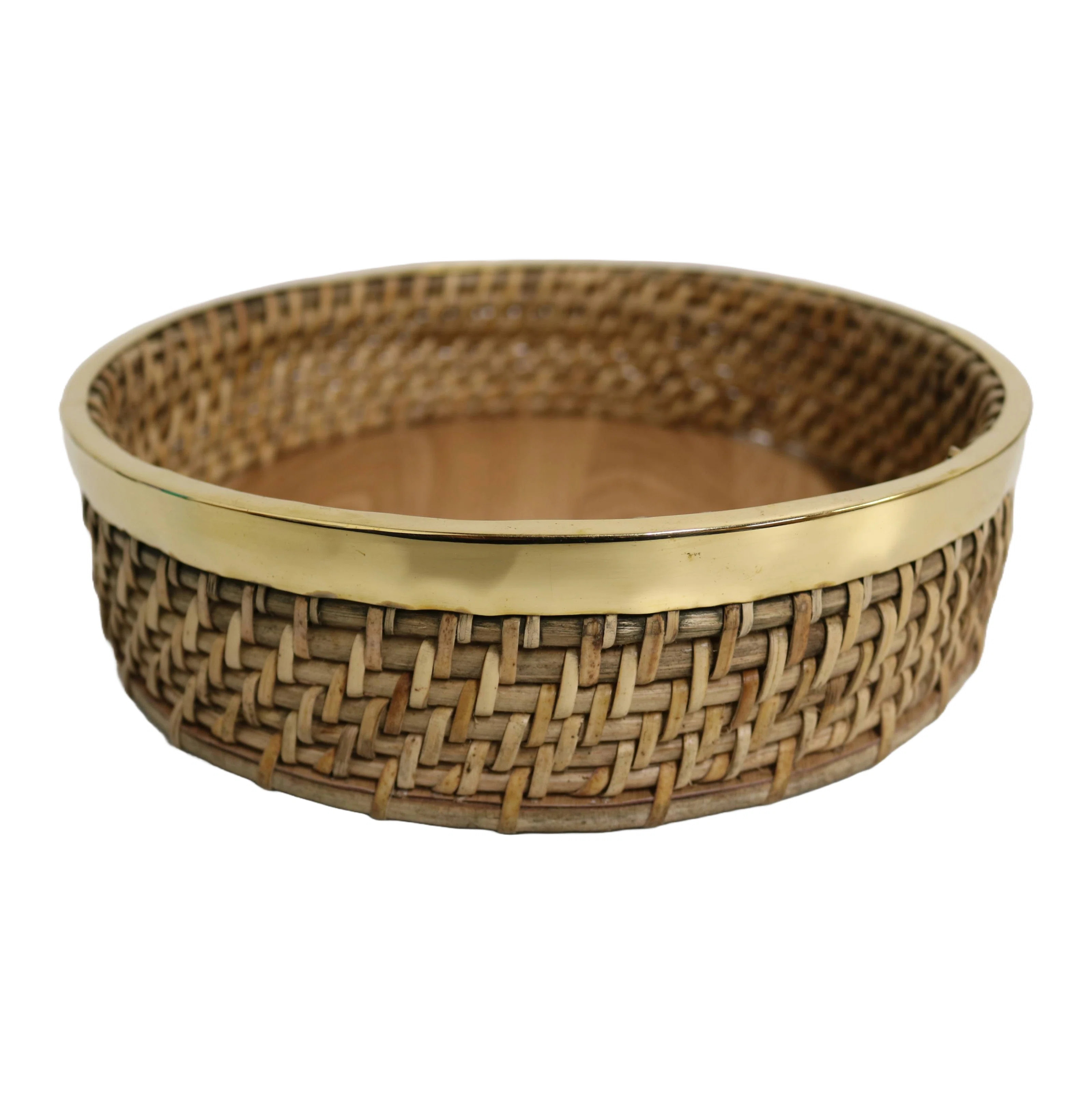 Home&Manor 11" Rattan Oval Brass Rim Tray with Wooden Base | Wayfair North America
