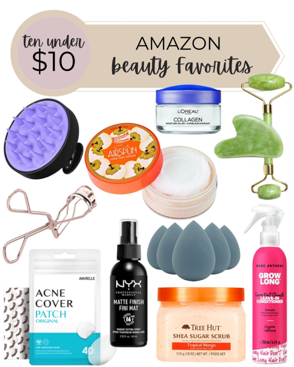 10 favorite beauty products for under $10 include shampoo dispenser scalp massager, eyelash curler, acne cover patch, NYX matte finish finishing spray, Jade Roller & Gua Sha Set, Shea Sugar Scrub Tropical Mango, L'Oreal Paris Skincare Collagen Face Moisturizer, Leave-In Conditioner Spray & Detangler, Coty Airspun Loose Face Powder, and makeup blender sponges.

Beauty products, skincare, hair products, hair care, products for less, Amazon finds

#LTKbeauty #LTKunder50 #LTKstyletip