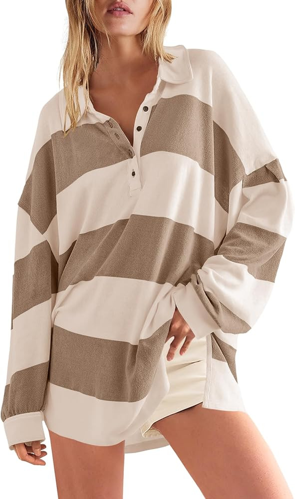 LAMISSCHE Womens Oversized Striped Shirt Long Sleeve V Neck Tunic Tops Polo Shirts Pullover | Amazon (US)