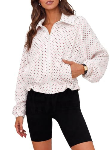 Fisoew Womens Polka Dot Cropped Jackets Zip Up Oversized Casual Fall Coats | Amazon (US)