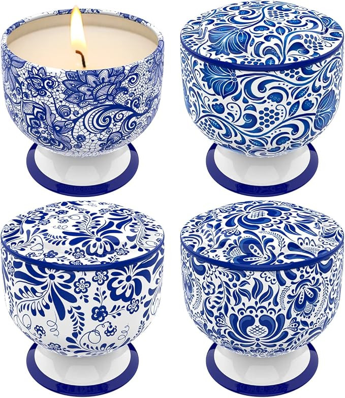 4 Pack Scented Candles, 4oz Soy Wax Portable Tin Candle with Blue and White Pattern, Candle Gift ... | Amazon (US)
