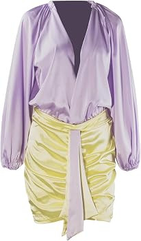 Satin 2 Piece Bodysuit Ruched Mini Skirt Set  | Amazon (US)