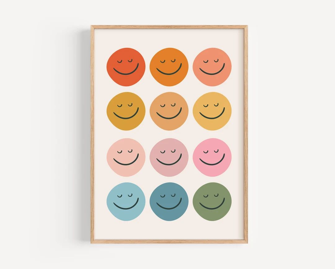 Retro Smiley Face Print, Kids Wall Art, Modern Playroom Art, Boho Rainbow Toddler Gift, Colorful ... | Etsy (US)