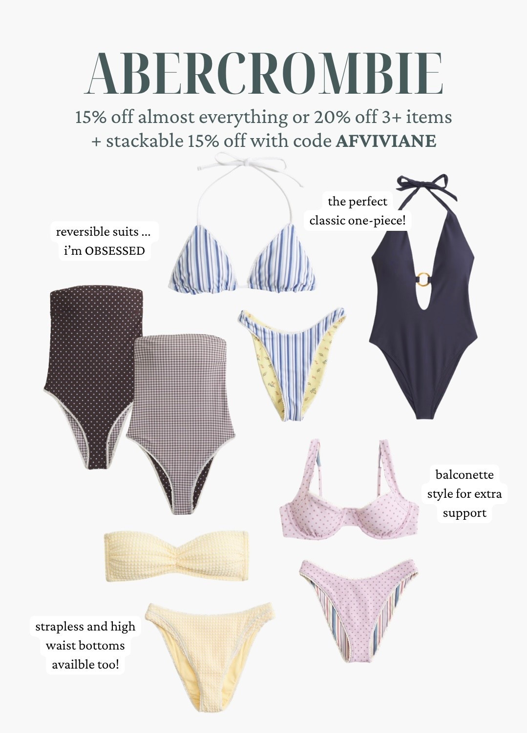 [4/23/26] @abercrombie sale! swim i am loving for this season & your next vacation. 👙

[Offer valid in stores and online 4/23/26-4/27/2026 in US/CA. Exclusions apply as indicated. Online price reflects discount.
﻿﻿Promo Code: *Use code AFVIVIANE to get an additional 15% off almost everything in stores and online at checkout from 4/23/26-4/27/26 in US/CA. Exclusions apply. See details online.]

#LTKSwim #LTKSaleAlert #LTKootd