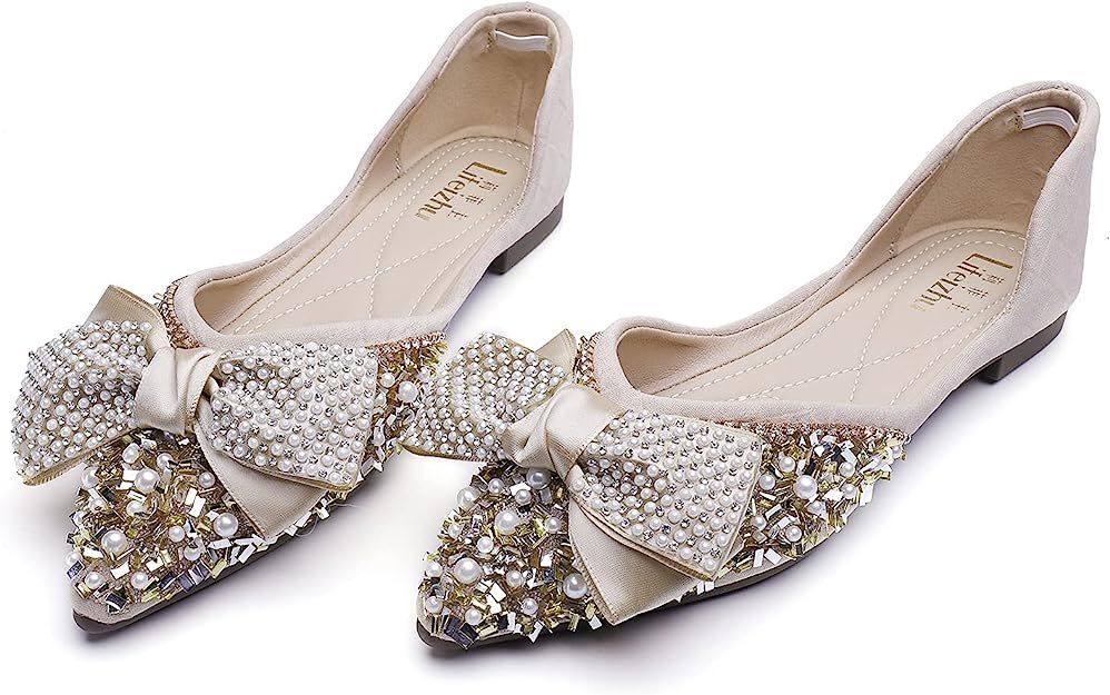 QXCGDYXT Women's Rhinestone Flats Bow Sequins Wedding Shoes Comfort Pointed Toe Ballet Flat Shoe ... | Amazon (US)