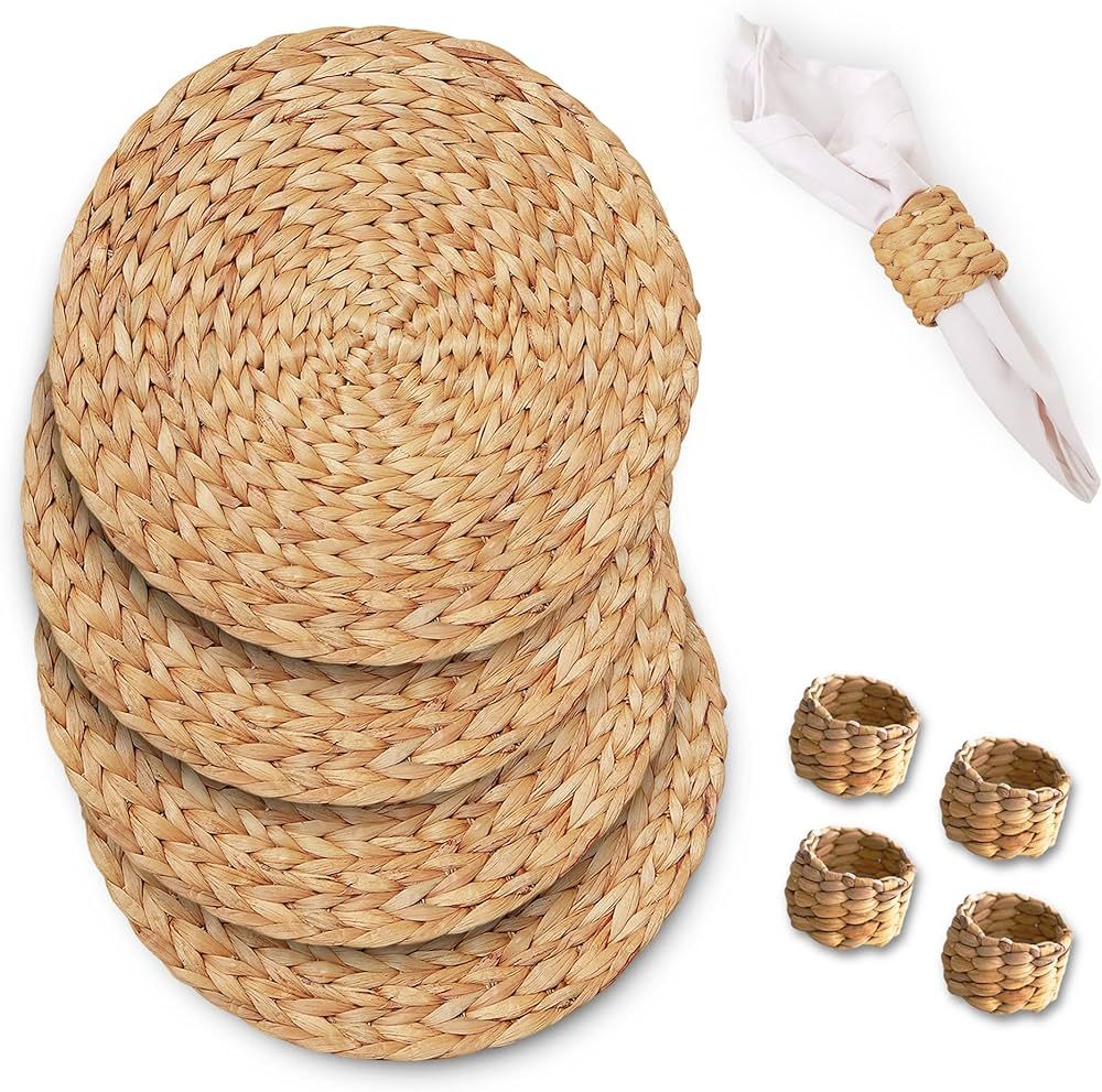 Lilys Round Woven Placemats with Napkin Rings (Set of 4, 15 inch) Large Non-Slip Handmade Rattan ... | Amazon (US)