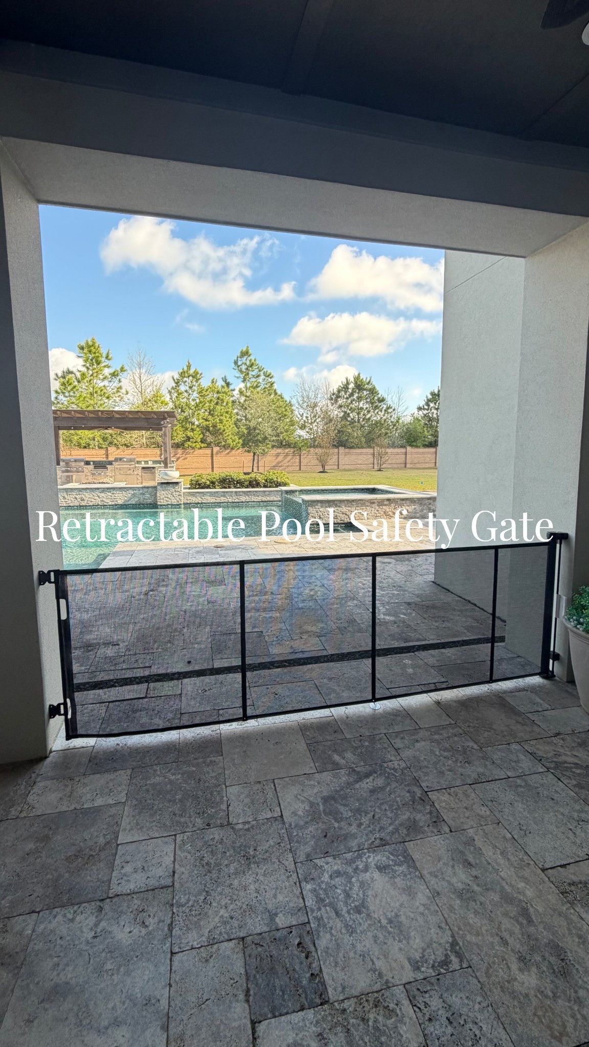 The exact brand we got is “Stockies” on Amazon, but all tagged gates are the same hooks & concept as ours! Comparable! Make sure there’s a bottom attachment anchor option since these aren’t drilled in the ground.. kids need to not be able to go under either!! 

Love this option- we didn’t want to drill into tile, but for peace of mind I couldn’t not not have a physical fence up as another deterrent! This is nice bc when we are out there with kids or hosting we can put in back and it opens everything back up temporarily! So glad we went with this option! 

#LTKHome #LTKBaby #LTKKids