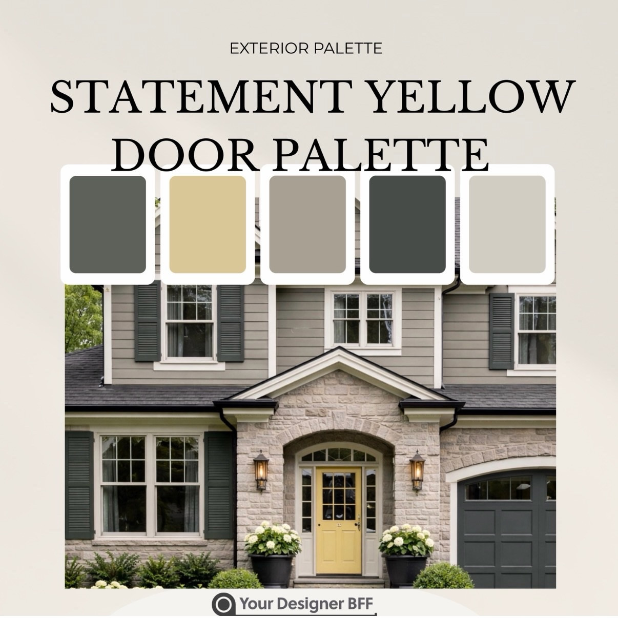 Choosing an exterior color scheme can feel overwhelming — especially when you want your home to stand out without looking loud or trendy.

This Statement Yellow Door Exterior Palette was designed to give you that welcoming pop of color while keeping the rest of your home timeless and elevated.

The soft yellow door brings warmth and charm. The grounded greens, deep charcoal, and warm greige tones create balance and sophistication. Together, they give you a cohesive look that feels intentional — not accidental.

Perfect if:
• You want a happy, inviting front door
• You have neutral siding or stone and need contrast
• You’re unsure how to coordinate shutters, trim, and garage
• You’re tired of testing samples that don’t work

Every color is professionally curated to flow beautifully across siding, trim, shutters, and accents — so you can choose with confidence.

Comment YELLOW and I’ll send you the link to this palette.

#ExteriorPaint
#FrontDoorInspo
#SherwinWilliamsColors
#HomeExteriorDesign
#PaintPalette