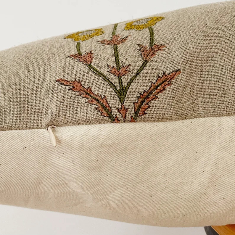 Block Print Linen Fabric Pillow Cover. Floral Lumbar Pillow - Etsy | Etsy (US)