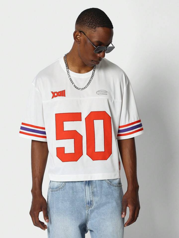 SUMWON Crop Fit Colour Blocked Tee With Number Graphic Print | SHEIN