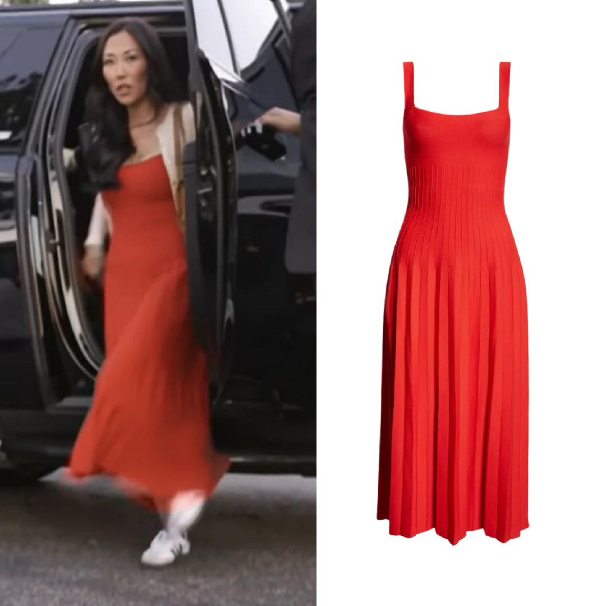 Katie Ginella’s Red Pleated Dress