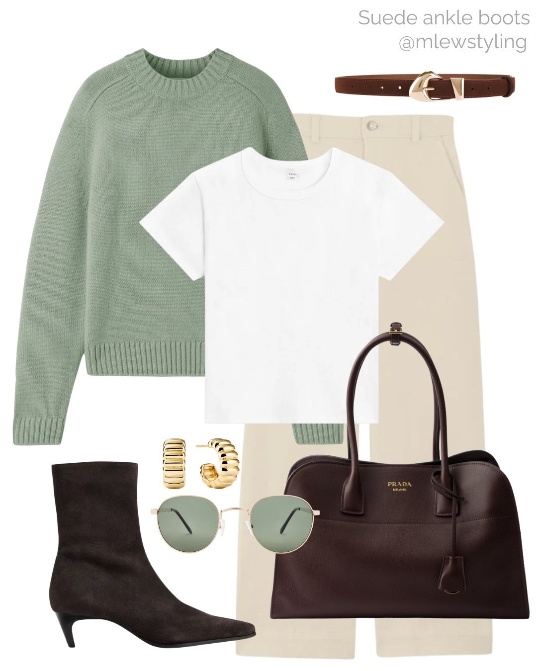 Fall outfit with a green cashmere sweater 🌿

Tags: suede ankle boots, brown leather Gucci tote bag, leset white trousers-shirt, everlane wide leg pants, brown and gold belt, green lens sunglasses, autumn fashion 

#LTKItBag #LTKShoeCrush #LTKStyleTip