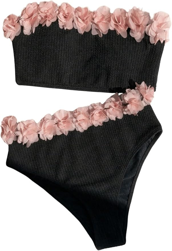 MakeMeChic Women's Two Piece Bandeau Swimsuit Flower Applique Strapless High Waisted Bikini Sets | Amazon (US)