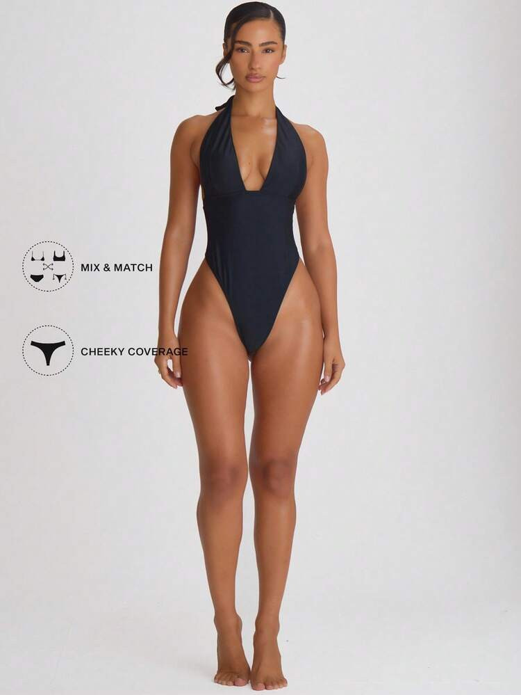 Musera Resort Plunge Apex Halterneck Tie Back Cheeky Swimsuit Bathing Suits Swim Vacation Holiday... | SHEIN