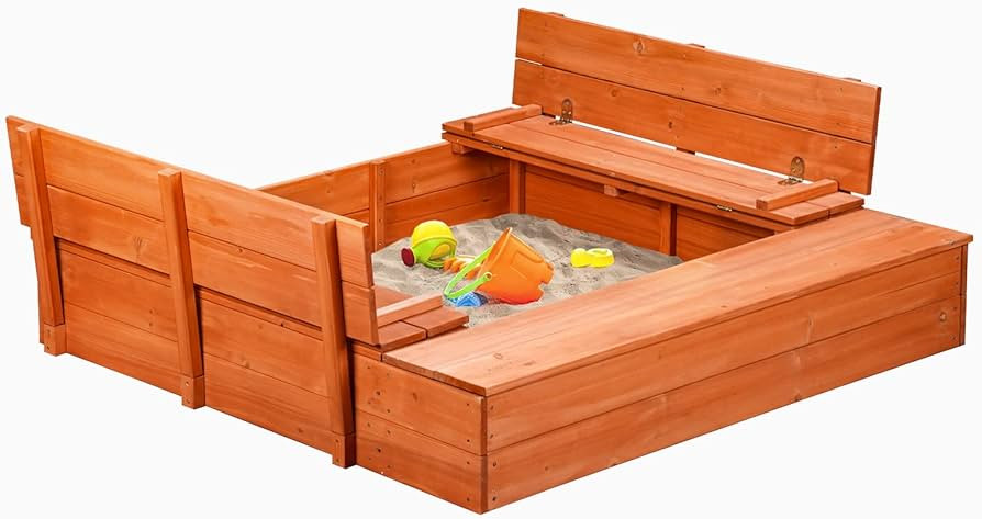 Kids Wooden Sandbox with Cover and Foldable Storage Bench Seats, Sand Table with Protection Botto... | Amazon (US)