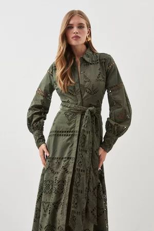 Petite Cotton Broderie Belted Woven Maxi Dress | Karen Millen UK + IE + DE + NL