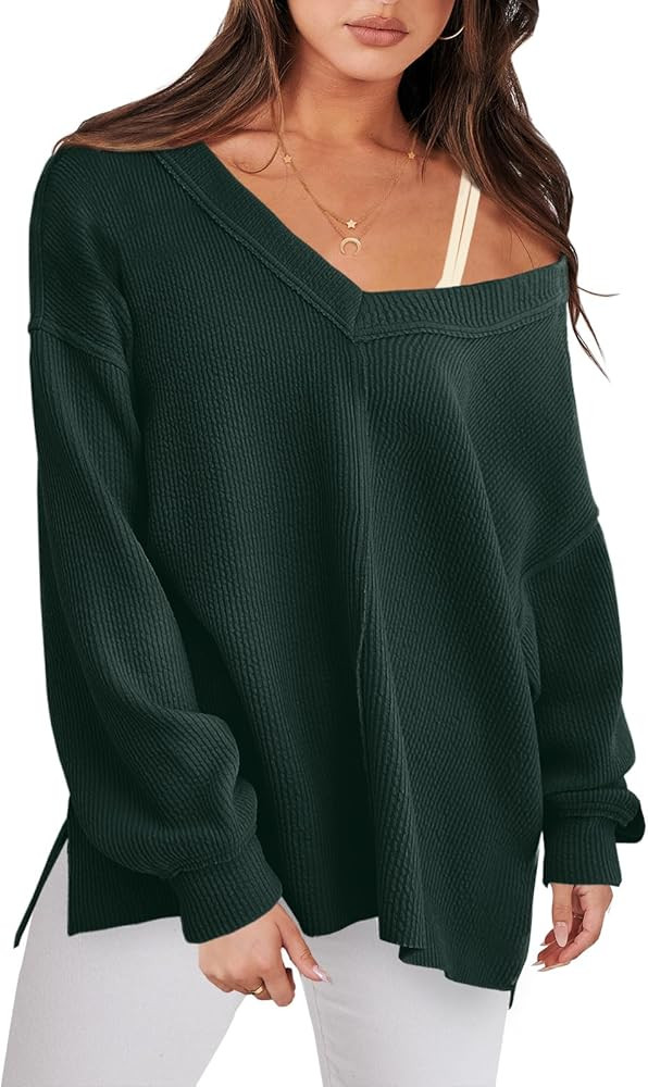 ANRABESS Women Long Sleeve Shirt V Neck Off Shoulder Oversized Knit Pullover Sweatshirt Loose High L | Amazon (US)
