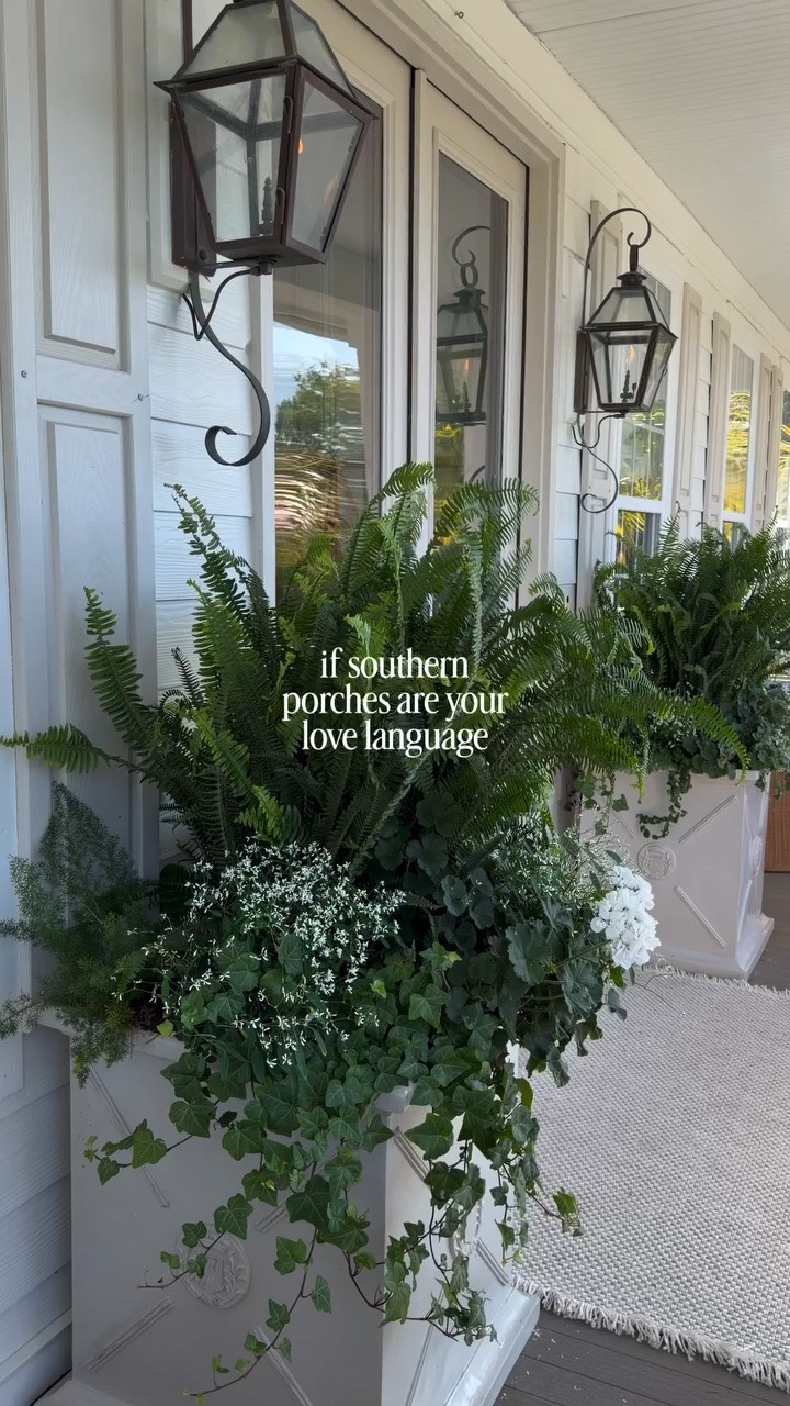 Welcome 🤍. This is becoming my favorite spot of our home. Our lanterns are original to the house when we bought it, they are gas copper lanterns that have patina. The paint colors for the exterior are Charleston White and Pediment as an accent!