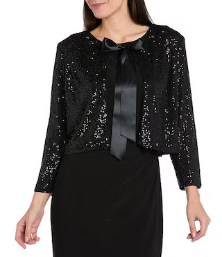 Sequin Power Mesh Long Sleeve Satin Bow Tie Front Coverup | Dillard's