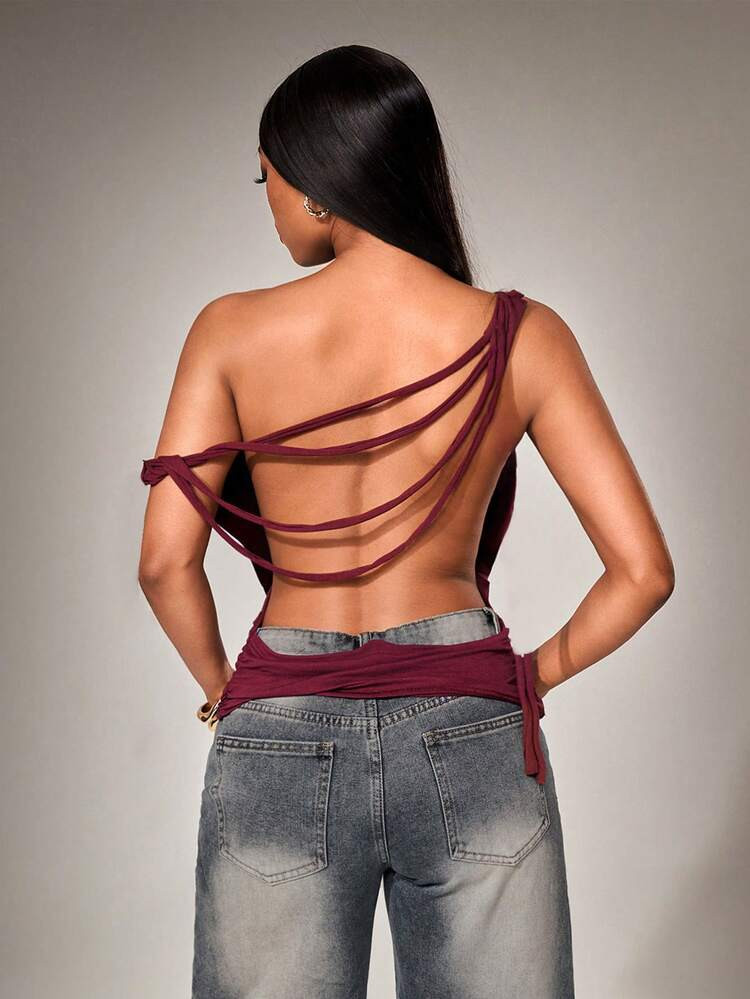 Radiana Sexy Casual Street Asymmetrical One-Shoulder Exposed Shoulder Top, Vintage Distressed Bur... | SHEIN
