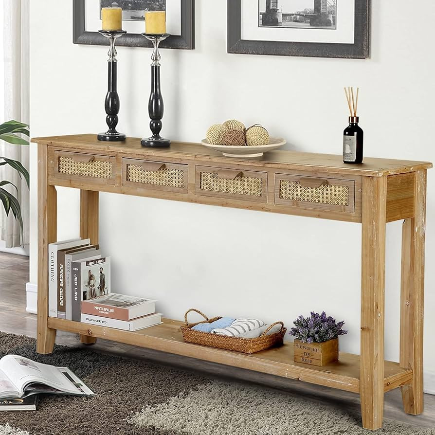 Wnutrees Farmhouse Console Table with 4 Rattan Drawers, 60" Long Narrow Boho Foyer Sofa Tables wi... | Amazon (US)