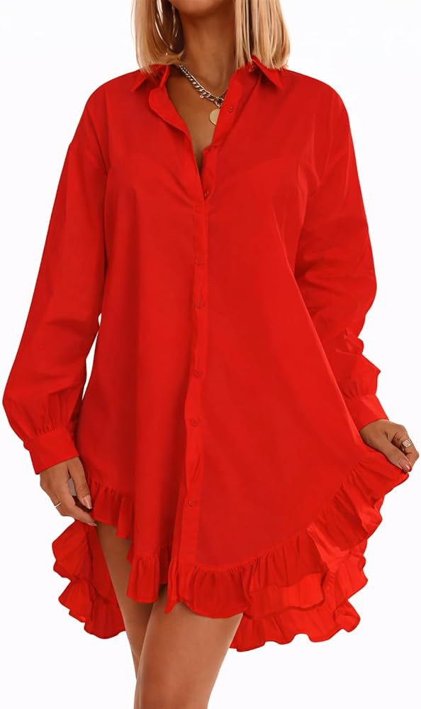 Women's Solid Color Casual Shirt Dress Collar V Neck Button Down Loose 3/4 Sleeve Tops | Amazon (US)