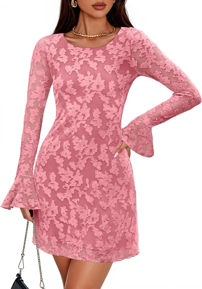 ZESICA Long Sleeve Mini Dresses for Women Spring Mesh Floral Crewneck Bodycon Wedding Guests Cock... | Amazon (US)