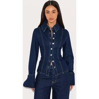 Petite Indigo Blue Wash Long Sleeve Fitted Denim Shirt | PrettyLittleThing US