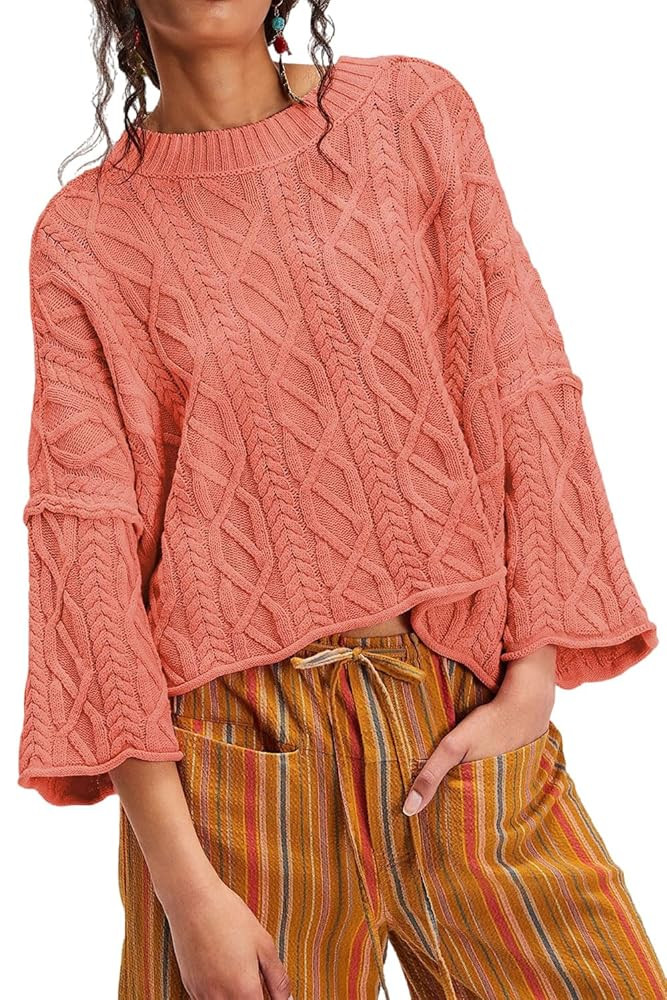 yoeasy Womens Cropped Sweaters Oversized Cable Knit Crewneck Long Sleeve Pullover Trendy Casual L... | Amazon (US)