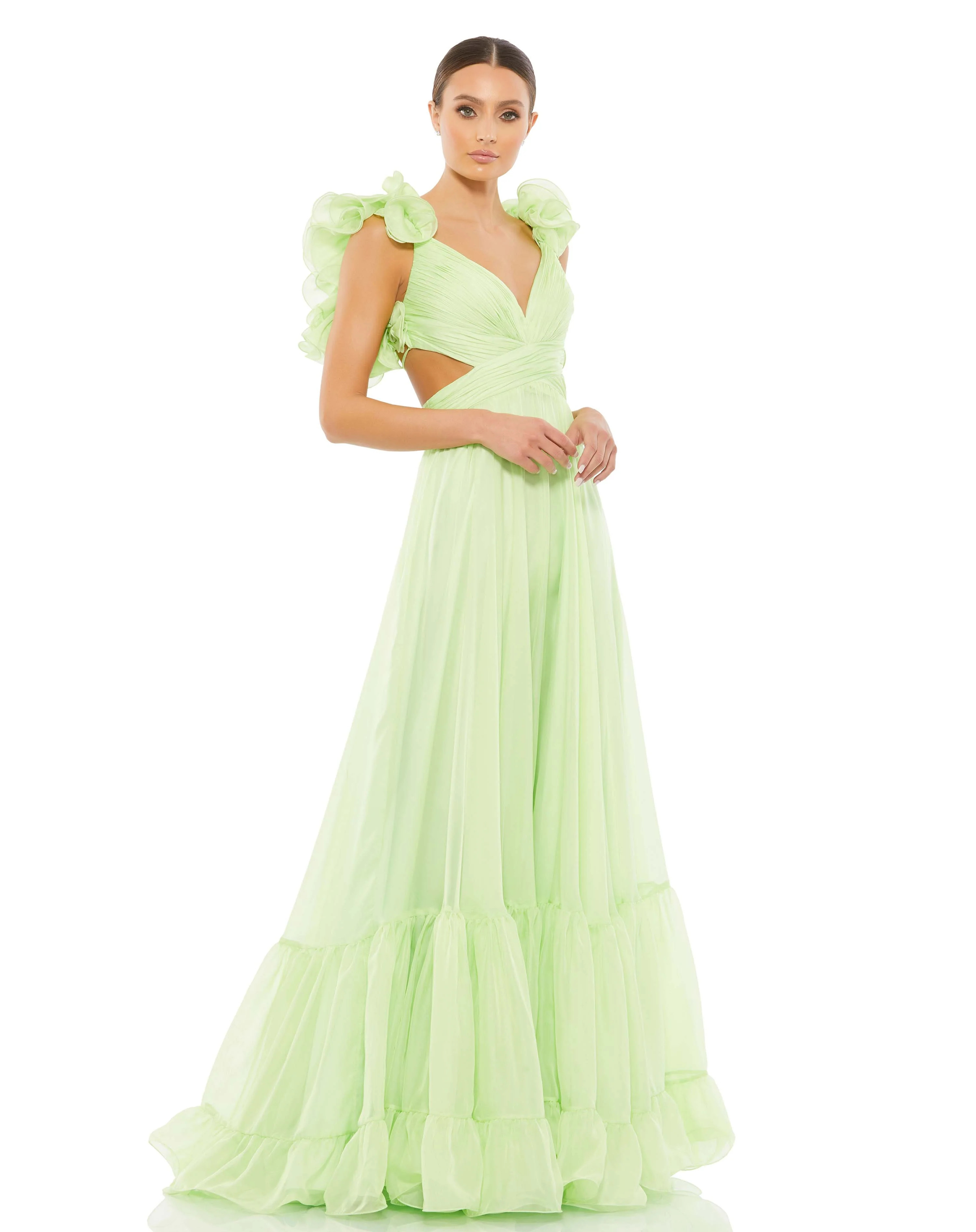 RUFFLE TIERED CUT-OUT CHIFFON GOWN | Mac Duggal