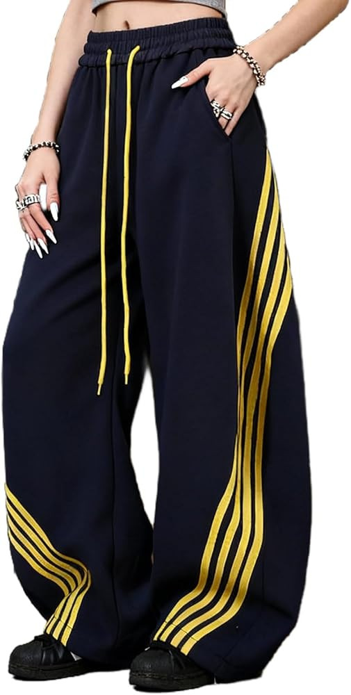 EMMIOL Women’s Y2K Baggy Striped Sweatpants, High Waisted Wide Leg Casual Pants, Joggers with D... | Amazon (US)