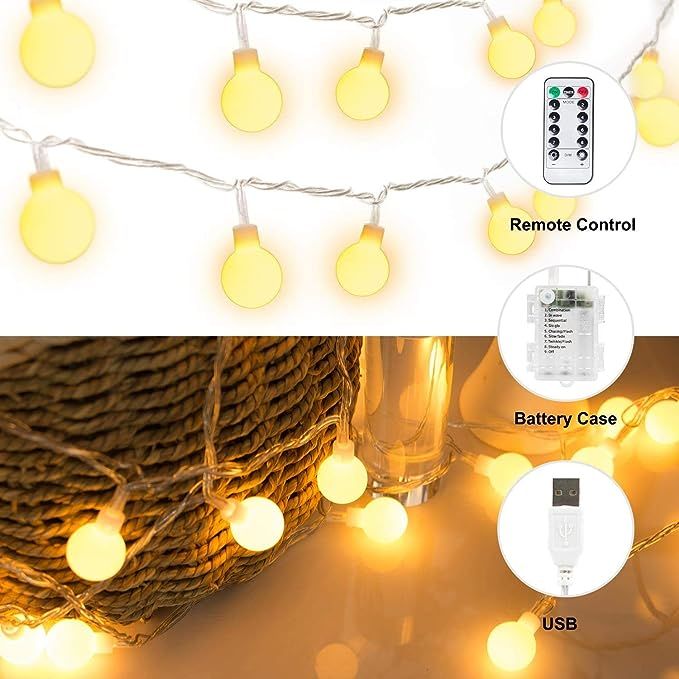 16 FT 50 LED Globe Ball String Lights, Fairy String Lights with USB Plug & Battery Case, 8 Modes ... | Amazon (US)