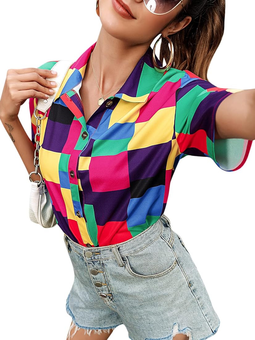 Milumia Women's Casual Short Sleeve Shirt Button Down Patchwork Collar Blouse Tops | Amazon (US)