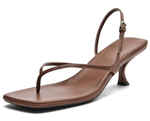 DADAWEN Women's kitten Heels Thong Sandals Square Open Toe Flip Flop Heels Buckle Sexy Fashion Summer Dressy Wedding Party Pumps Heeled Sandals Brown US Size 8.5 | Amazon (US)